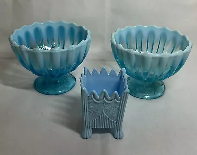 Buy Davidson Blue Pearline Vaseline Glass Dishes And Sowerby Blue Milk Glass Basket • 30£