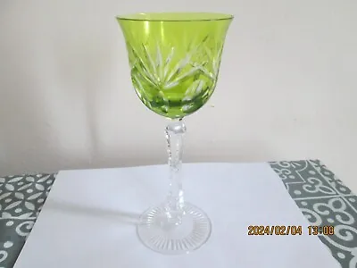 Buy Vintage Bohemian LIme Green Overlayed Crystal Wine Hock Glass 21 Cm High • 14.99£