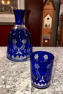 Buy Vintage Bohemian Glass Cobalt Blue Cut To Clear 2pc Guest Water Set Tumble Up • 46.01£