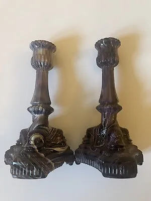 Buy 2 Antique Victorian Heppell & Co Malachite Glass Candle Stick Holders • 30£