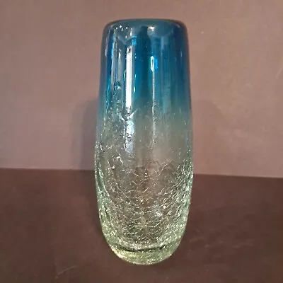 Buy Vintage Hand Blown Crackle Art Glass Vase Blue Ombre • 19.28£