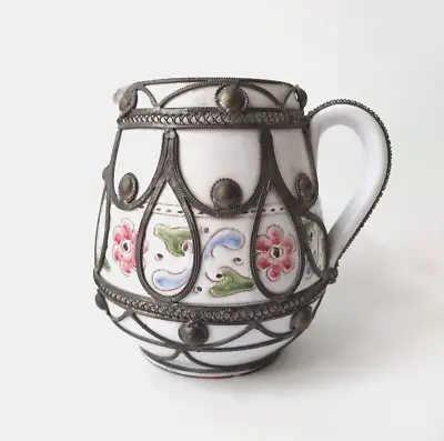 Buy Antique Moroccan Clay Pottery Water Pitcher With Silver Nickle Filigree Overlay • 71.15£