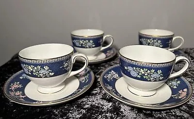 Buy 1986 Wedgwood Blue Siam 4 Tea Cups & Saucers English Bone China Leigh Shape • 9.99£