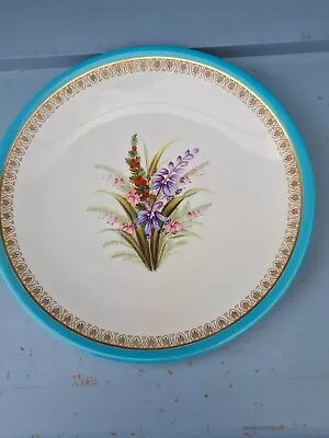 Buy Antique Royal Worcester Plate - Turquoise & Gold Rim, Handpainted Floral Center • 25£
