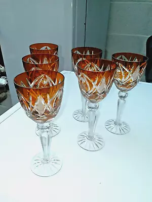 Buy 6 X Vintage Bohemian ~ Amber Cut To Clear Wine Glasses • 59.99£