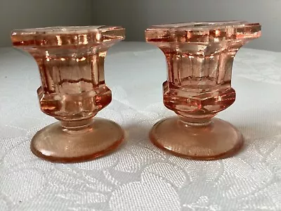 Buy 2 Small Vintage Pink Glass Art Deco Candlesticks • 10£