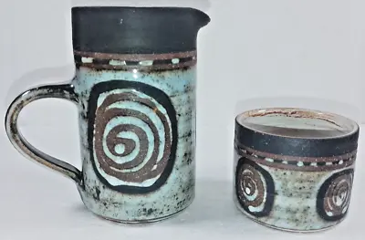 Buy Briglin Pottery Jug/Bowl/Jam Pot Pale Blue Glaze Wax Resist Rustic Design 1960s • 48.99£