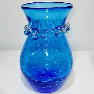 Buy Vtg Art Crackle Glass Bud Vase With Applied Swirl Blue Fluted Neck/Pontil Mark • 25.17£