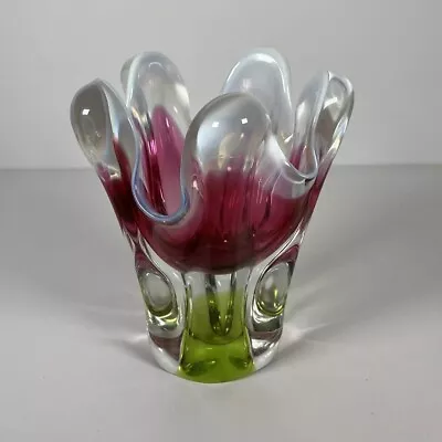 Buy Chribska Pink & Green Czech Art Glass 7” Vase Vintage 1970s By Josef Hospodka • 49.99£