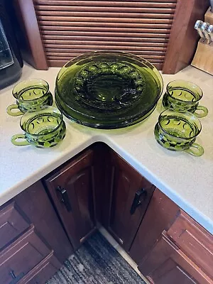 Buy Vintage 4 Sets Indiana Glass Green King's Crown Thumbprint Luncheon Snack Sets • 23.71£