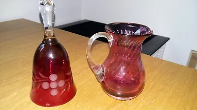 Buy Vgc. Cranberry Glass Cream Jug & Ruby Crystal Glass Bell With Clapper. No Damage • 12.99£
