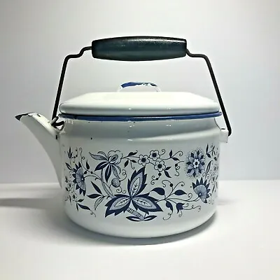 Buy Vintage Blue Onion Danube Style Enamel Teapot Metal Bail Wood Handle • 23.70£