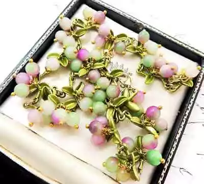 Buy Art Deco Style Enamel Crystal Stone Blush Pink Bead Berries & Leaves Blossom Nec • 24£