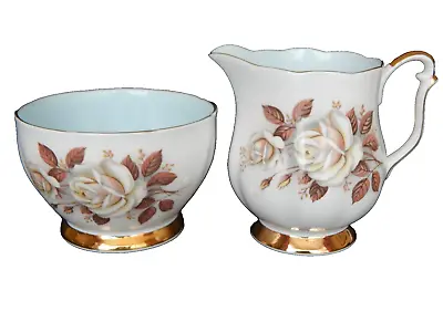 Buy Vintage Milk Jug & Sugar Bowl Autumn Rose White Rose Queen Anne Bone China • 8.50£