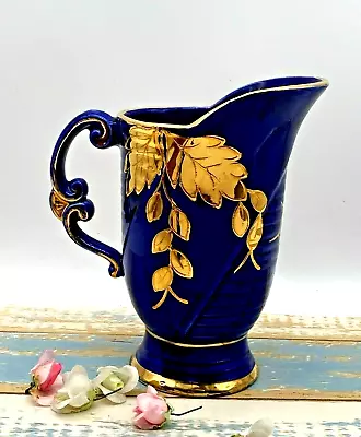 Buy Vintage Arthur Wood Durham Cobalt Blue Jug With Gold Gild Wine Leaf Motif Cobweb • 129£