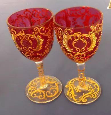 Buy Two Moser Karlsbad Cranberry 4-1/2  Port, Sherry Or Small Wine Glasses W/Gold • 177.69£