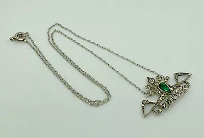 Buy French Art Deco Sterling Silver Emerald & Clear Glass Paste Pendant Necklace 18  • 74.99£