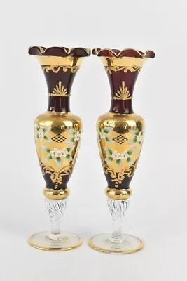 Buy 2  Ruby Murano Hand Painted Gold Detailed Vintage Italian Glass Vases 25.5cm • 29.99£