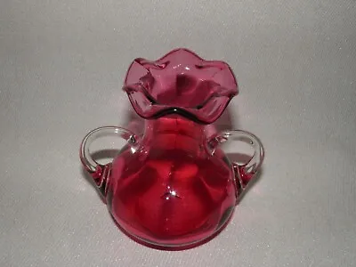 Buy Glass Vase Vintage Cranberry 2 Handle Victorian Hand Blown Lovely Condition • 14£