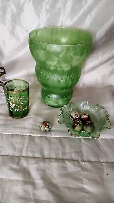 Buy Vintage Bulbous Frosted Green Glass Vase Art Deco Style • 38£