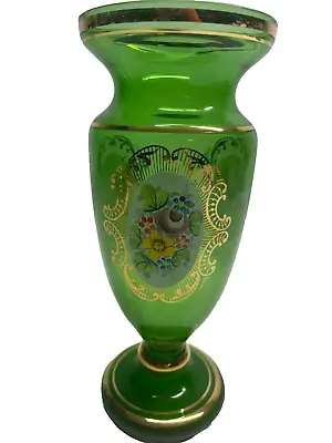 Buy Czech Bohemian Green Glass Vase With Floral And Gold, Decorative ( B14) • 21.50£