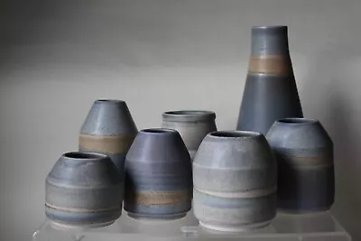 Buy Set 7 Handthrown Studio Pottery Stoneware Banded Vases • 34.99£