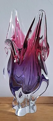 Buy Chribska Glass Vase Cranberry & Amethyst Studio Art Glass  'Cats Head' 1960's • 29.99£