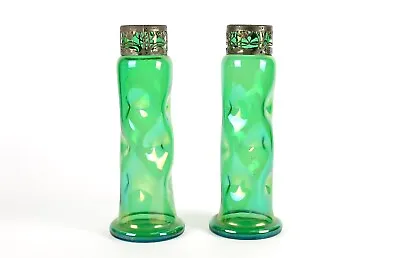 Buy A Pair Of Antique Art Nouveau Green Glass Metal Mounted Glug Vases Green • 99£