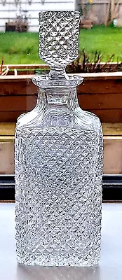 Buy ANTIQUE GLASS DECANTER HEAVY MULTI DIAMOND CUT SQUARE SPIRIT C.1910. • 39£
