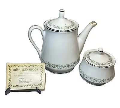 Buy Mikasa Fine China Coffee Tea Pot & Sugar Bowl #9059 Green Floral 4 Pc Set, EUC • 28.76£