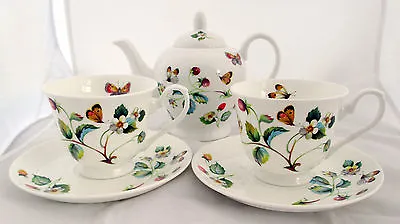 Buy Strawberries & Butterflies Tea Set For Two Bone China Teapot 2 Cups Saucers Set • 47£