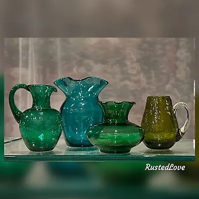 Buy Vintage Greens Crackle Glass Mini Pitcher Small Vase HAND Blown Mixed Set Of 4 • 57.90£