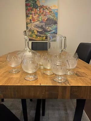 Buy Etched Schooner Ship Art Glass Wine Decanter And Pitcher Set Of Glasses • 47.44£