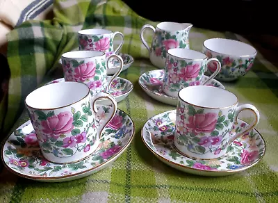 Buy ANTIQUE CROWN STAFFORDSHIRE A THOUSAND FLOWERS 5x COFFEE CUPS SAUCERS MILK SUGAR • 45£