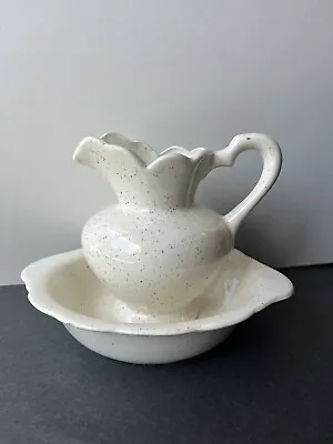 Buy Hand-painted Small Pitcher And Wash Bowl Basin Pottery Beige Speckled VINTAGE • 13.77£
