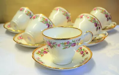 Buy 6x Ashley 22KT Bone China Cups & Saucers Duo  White Gilt Pink Flowers • 36£