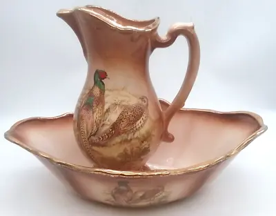 Buy Vintage Staffordshire Ironstone Pheasant Water Jug & Bowl. Brown/Beige With Gold • 7.99£