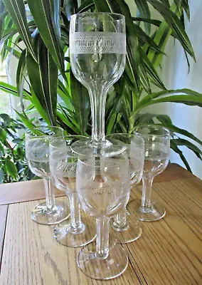 Buy Set 6 Antique Victorian Edwardian Etched Cut Wine Crystal Glasses Hollow Stem • 120£
