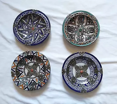 Buy Vintage Handpainted Moroccan Wall Ceramic Plates Bowl Hand Applied Metal Appliqu • 276.40£