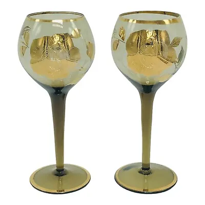 Buy VTG Set Of 2 Bohemian Smoky Glass Gold Gilt Floral Rose Wine Cordial Glassware • 45.88£