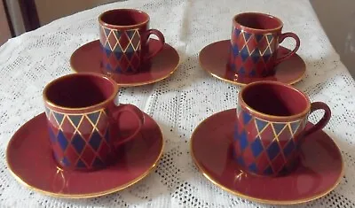 Buy Hornsea Pottery Harlequin Espresso Coffee Cups & Saucers X 4 Burgundy Blue Gold • 14.99£