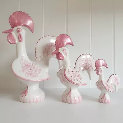 Buy 3x Vintage Portuguese White Pink Ceramic Good Luck Hand Painted Rooster Chicken • 18£