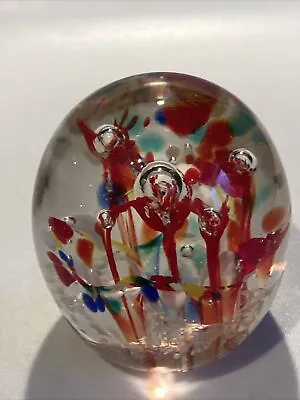 Buy Vintage Art Glass Small Trumpet Flower Paperweight Red Blue Yellow White • 10£