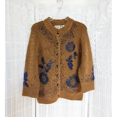 Buy Anthropologie Field Flower Brown Golden Grove Beaded Cardigan Sweater Size XS • 37.92£