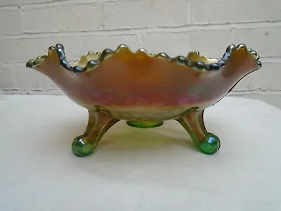 Buy Vintage Fenton Green Carnival Glass 3 Footed Bowl Grape And Cable Pattern • 18£