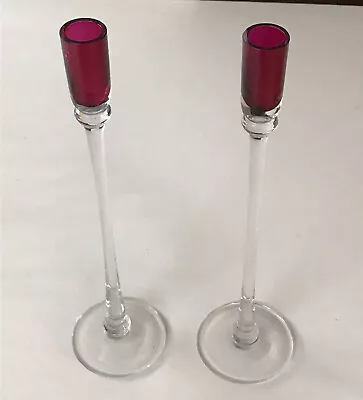 Buy Mid Century 2 Very Tall Elegant Cranberry Red Glass & Clear Glass Candlesticks • 12.50£