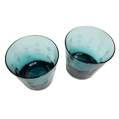 Buy Danish MCM Low Ball Whiskey Bar Glasses Etched Green Teal Hand Blown Set Of 2  • 23.82£