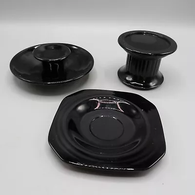 Buy Lot Of 3 Vintage Black Glass Amethyst  Dish Pedestal Candle Taper Holder Gothic • 23.02£