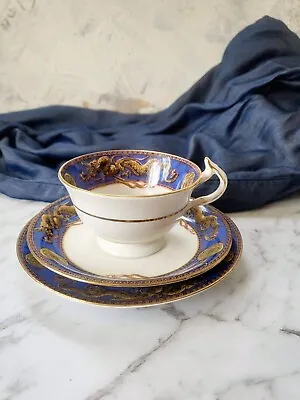 Buy Dragon Teacup, Saucer & Cake Plate ABJ Grafton Blue White Gold Made In England • 34.78£