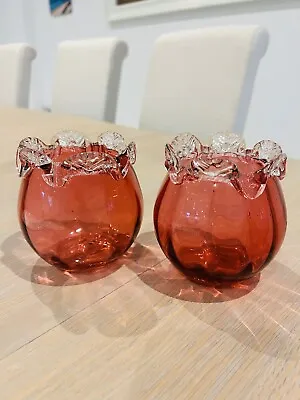 Buy Pair Vintage Victorian Cranberry  Posy Vases Clear Rigaree Ruffled Rim & Jug • 28£
